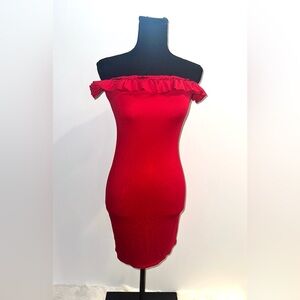RED BEBE MINI OFF THE SHOULDER DRESS